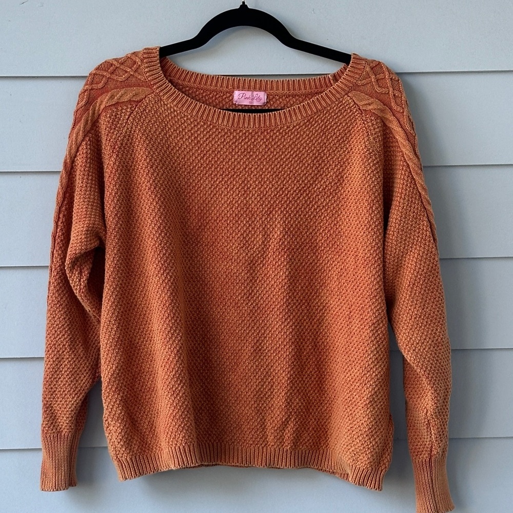 Pink Lily Two Tone Orange Cable Knit Sleeve Crewneck Sweater NWOT